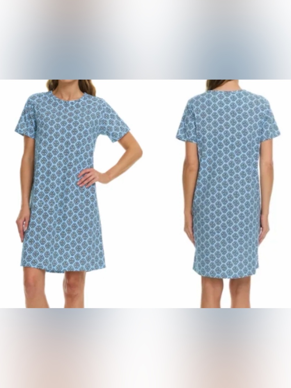 Vera Bradley Sz L Light Blue Geometric Short Sleeve Shift Sleep-Dress Nightgown